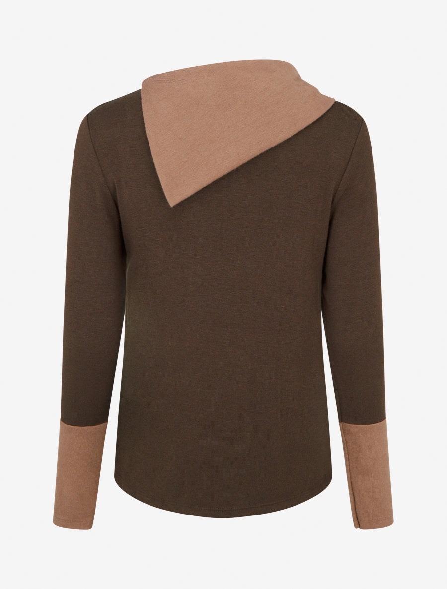 Pull fin bicolore à col drapé asymétrique - Marron/camel - 2