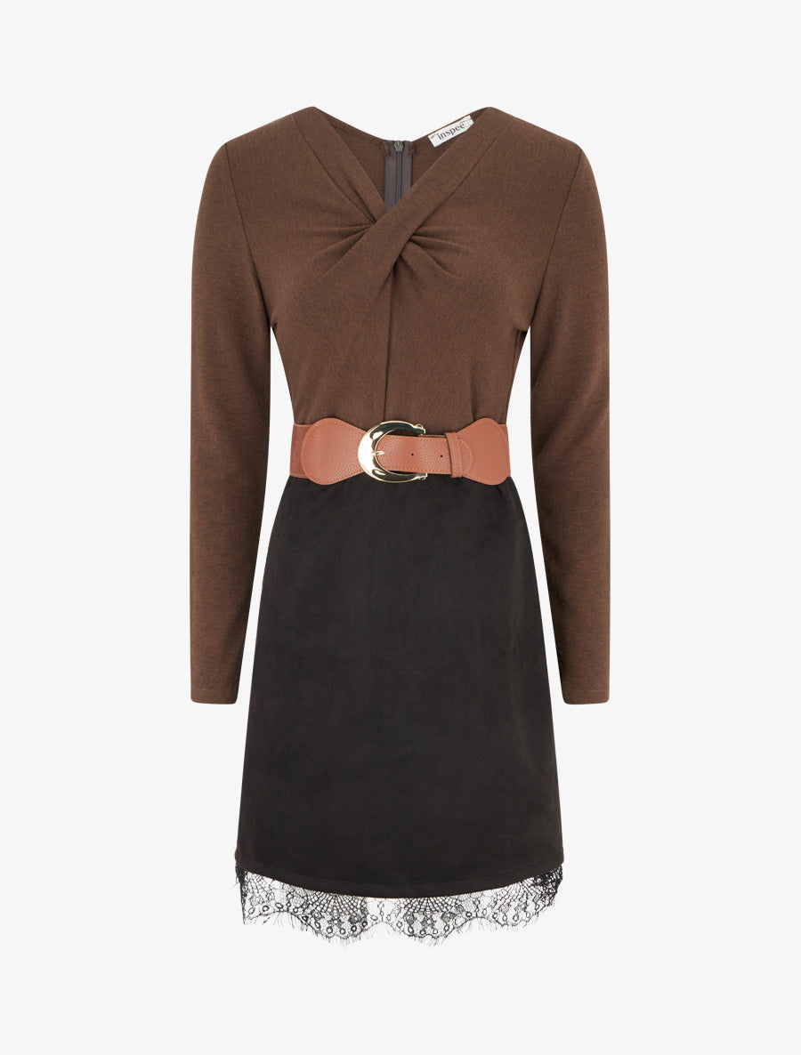 Robe droite en maille et suédine à bords en dentelle - Marron/noir - 1