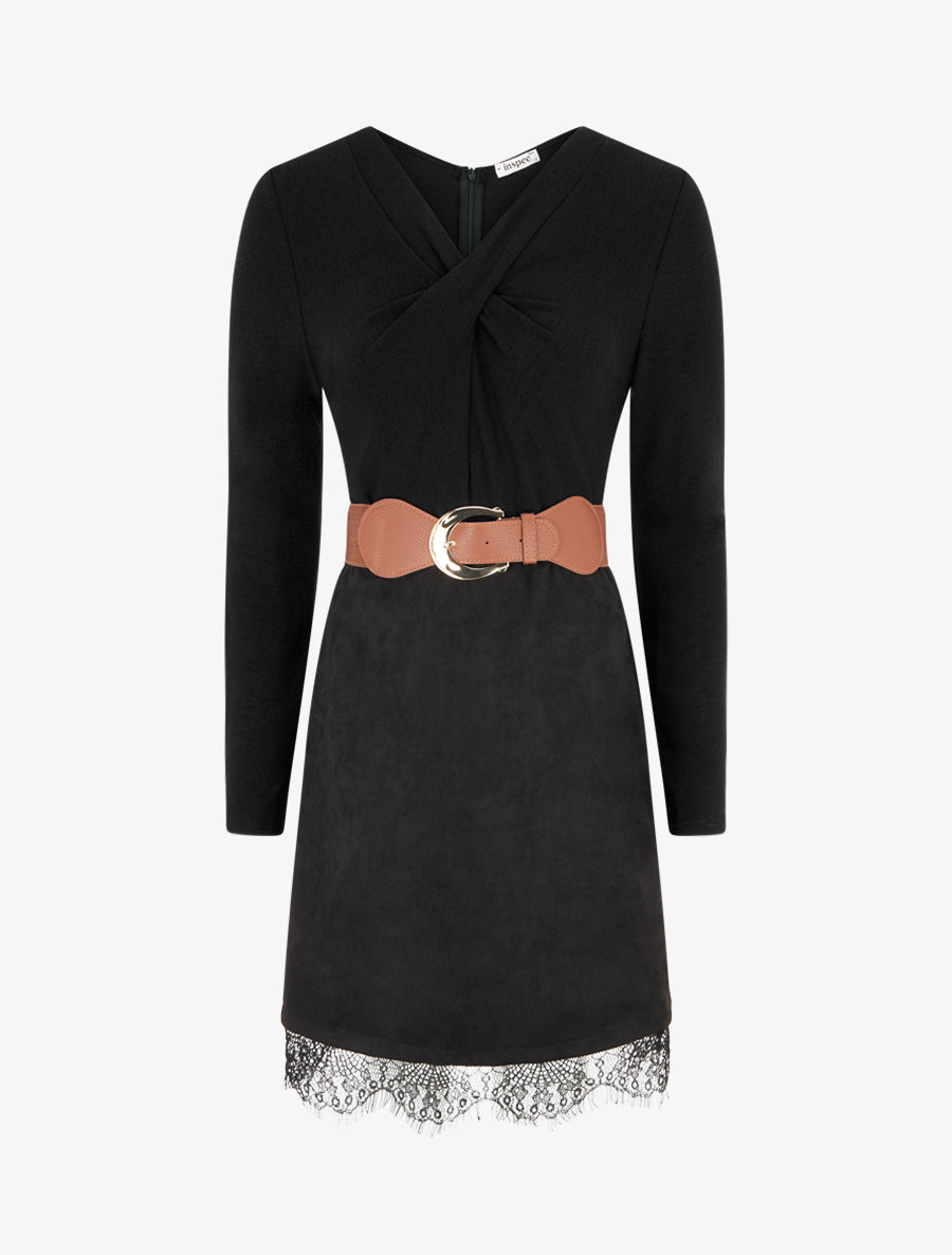 Robe droite en maille et suédine à bords en dentelle - Noir - 1
