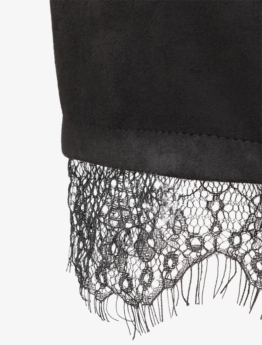 Robe droite en maille et suédine à bords en dentelle - Noir - 3