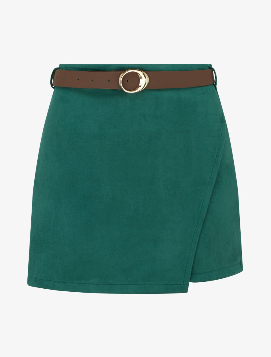 Jupe-short portefeuille en suédine à ceinture - Vert foncé - 1