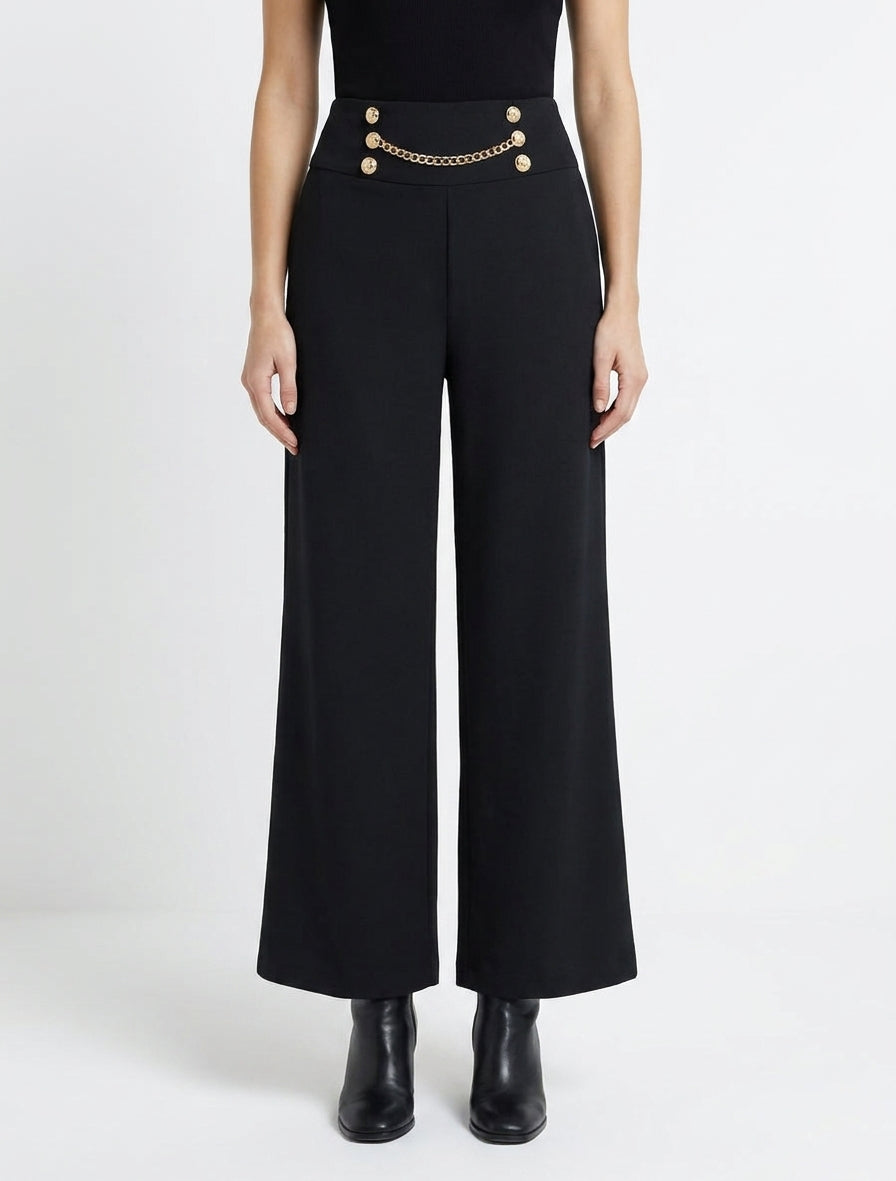 Pantalón de cintura alta con botones y cadena - Negro