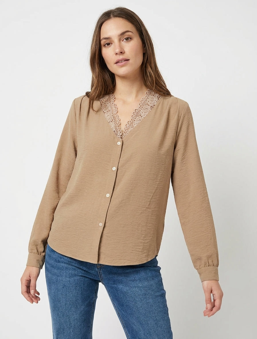 Blusa recta con cuello en V de encaje - Beige oscuro