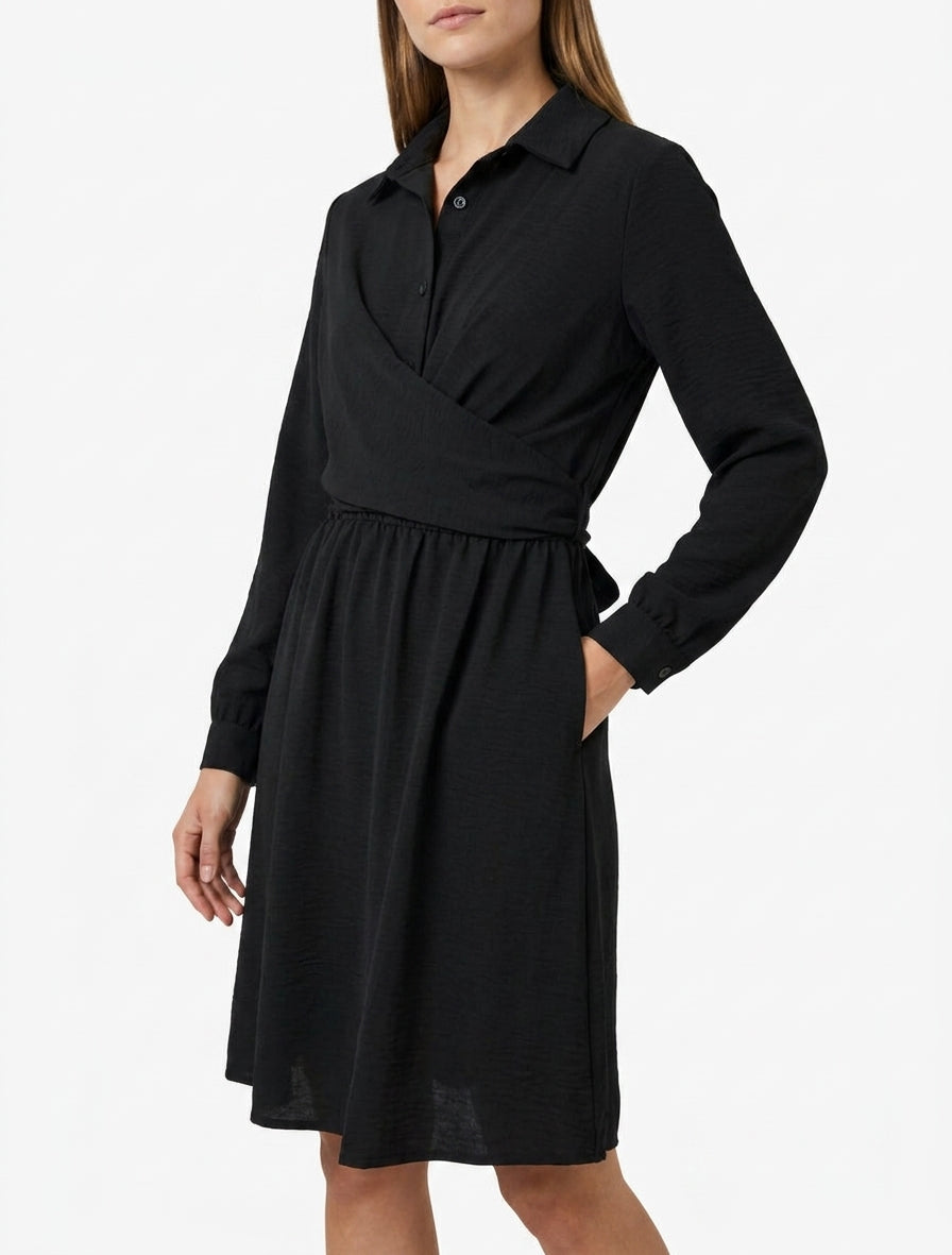 Vestido camisero con panel para anudar - Negro