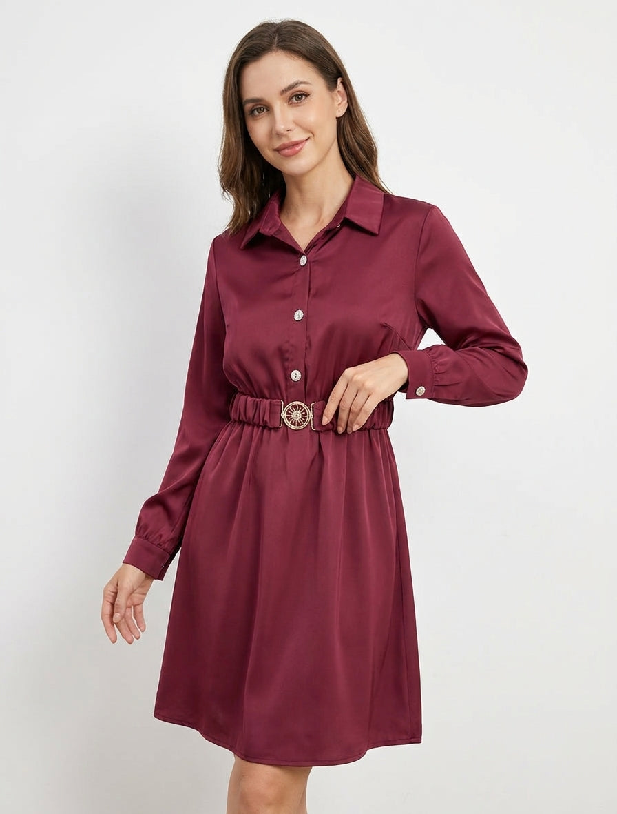 Vestido satinado estilo camisa con mangas largas - Color vino