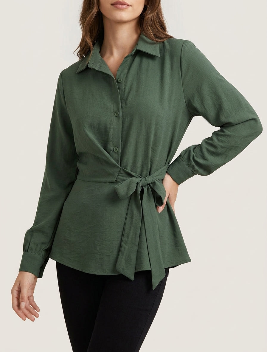 Top de mangas largas estilo camisa para atar - Caqui