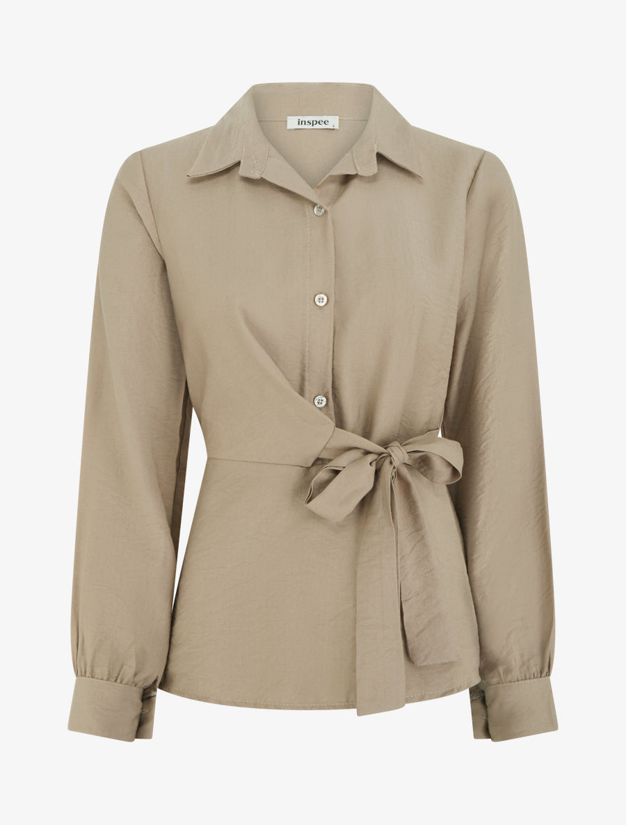 Top manches longues style chemise à nouer - Beige - 1