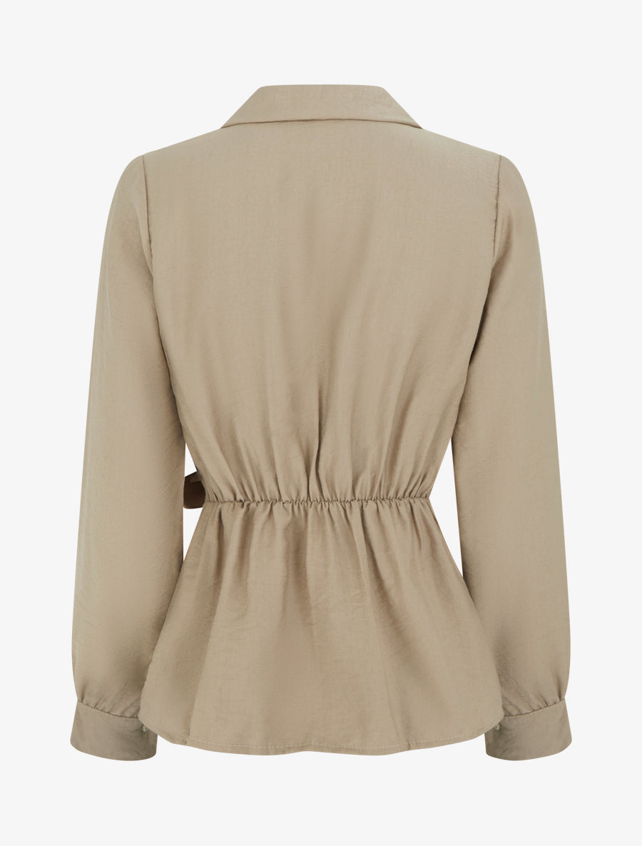 Top manches longues style chemise à nouer - Beige - 2