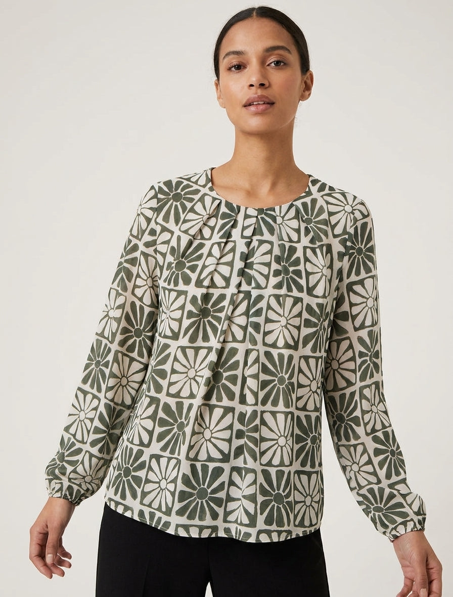 Top de manga larga con estampado de margaritas - Caqui