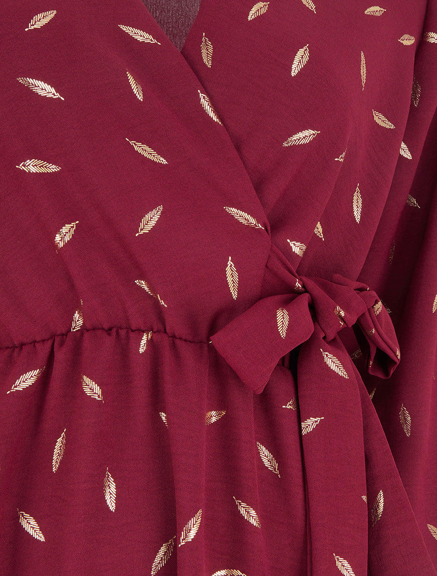 Robe élastiquée à plumes irisées - Lie de vin - 3