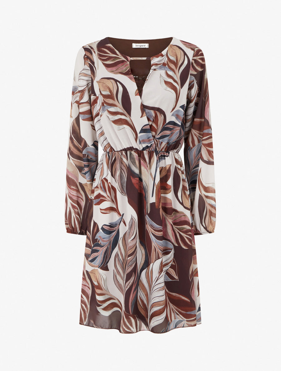Vestido evasé con estampado de hojas estilizadas - Marrón