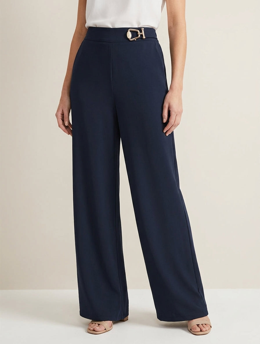 Pantalón ancho de talle alto con joya de fantasía - Marine