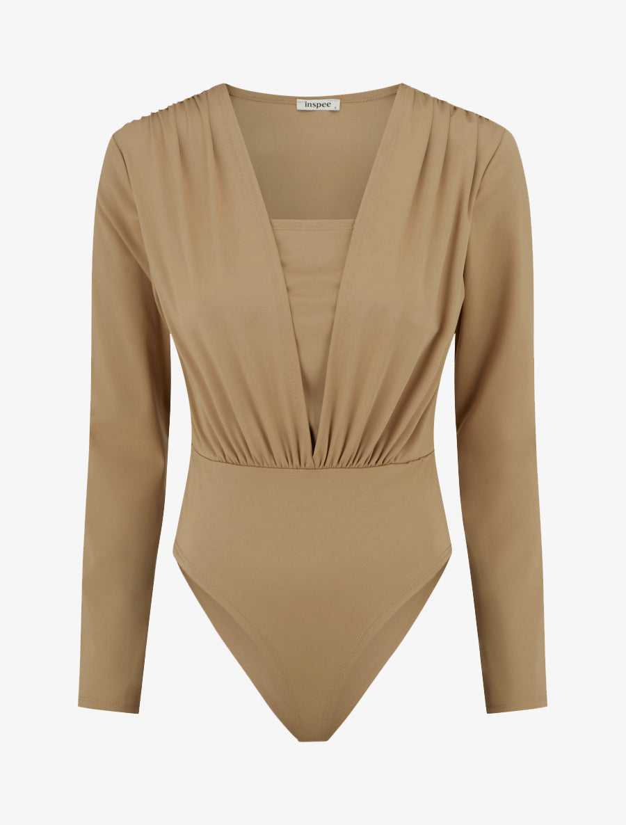 Body ajusté à col V et manches longues - Beige - 1