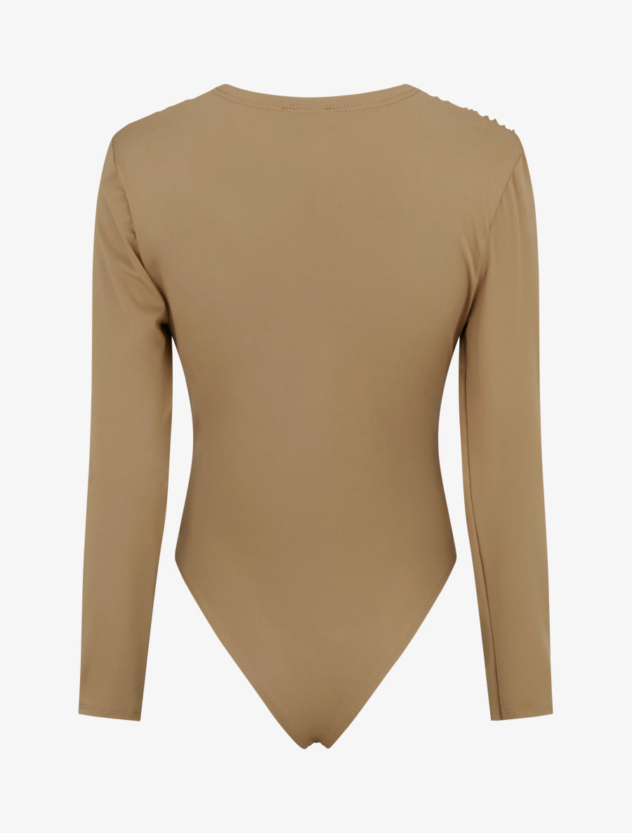 Body ajusté à col V et manches longues - Beige - 2
