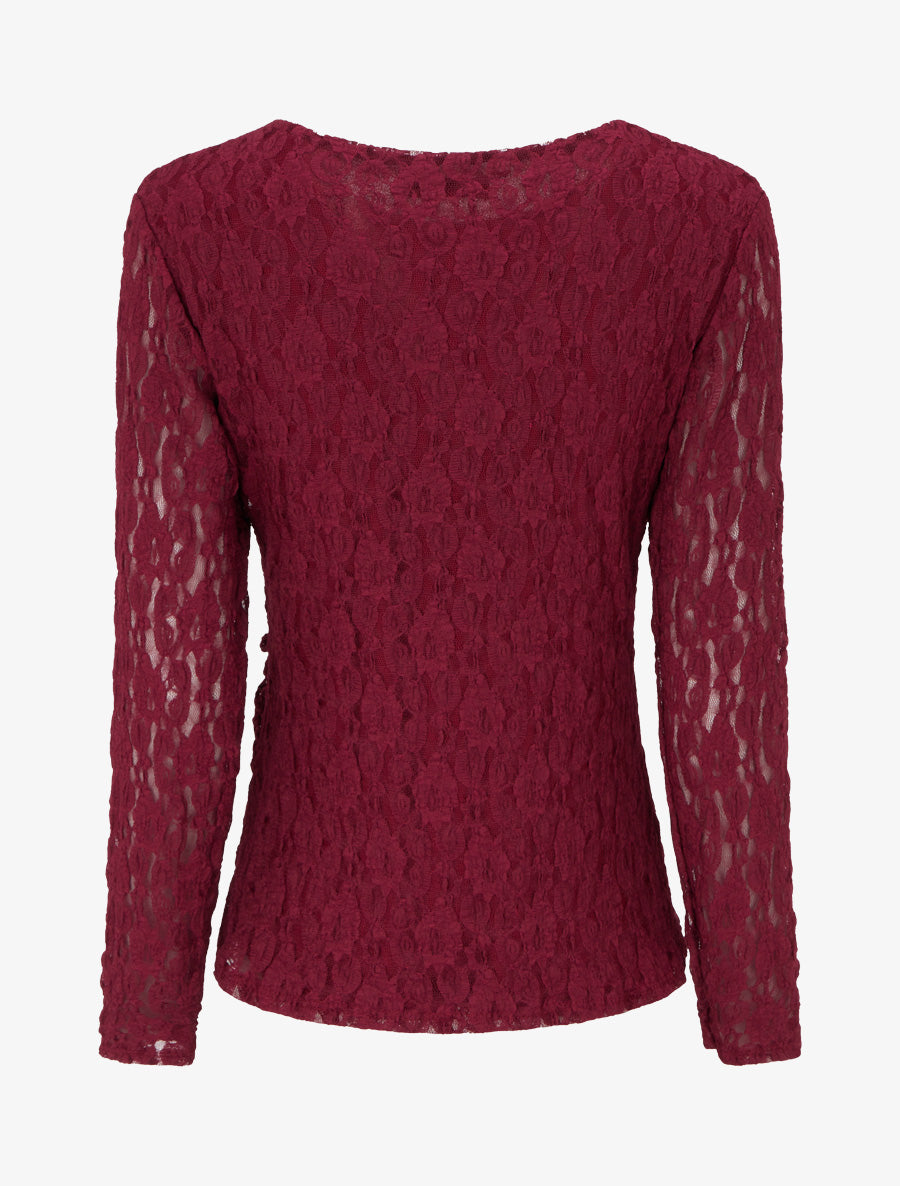 Top en dentelle à effet drapé et bijou métal - Lie de vin - 2