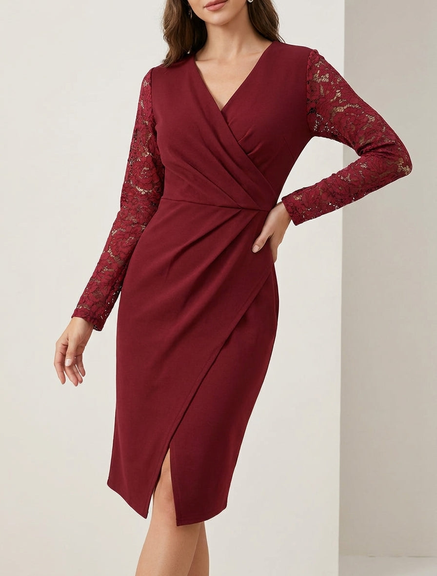 Vestido cruzado ajustado con mangas de encaje - Burdeos