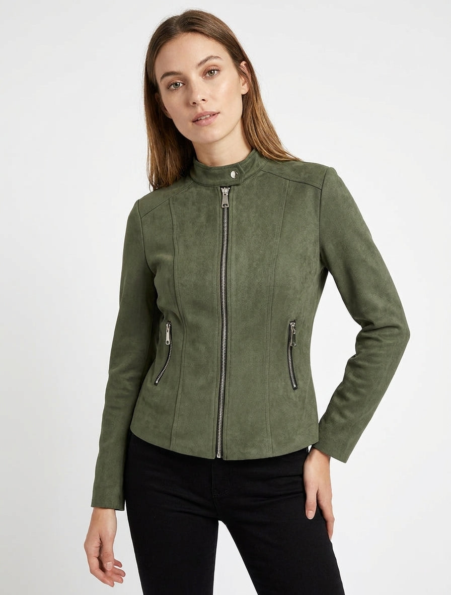 Chaqueta de ante sintético con cuello alto y cremallera - Caqui