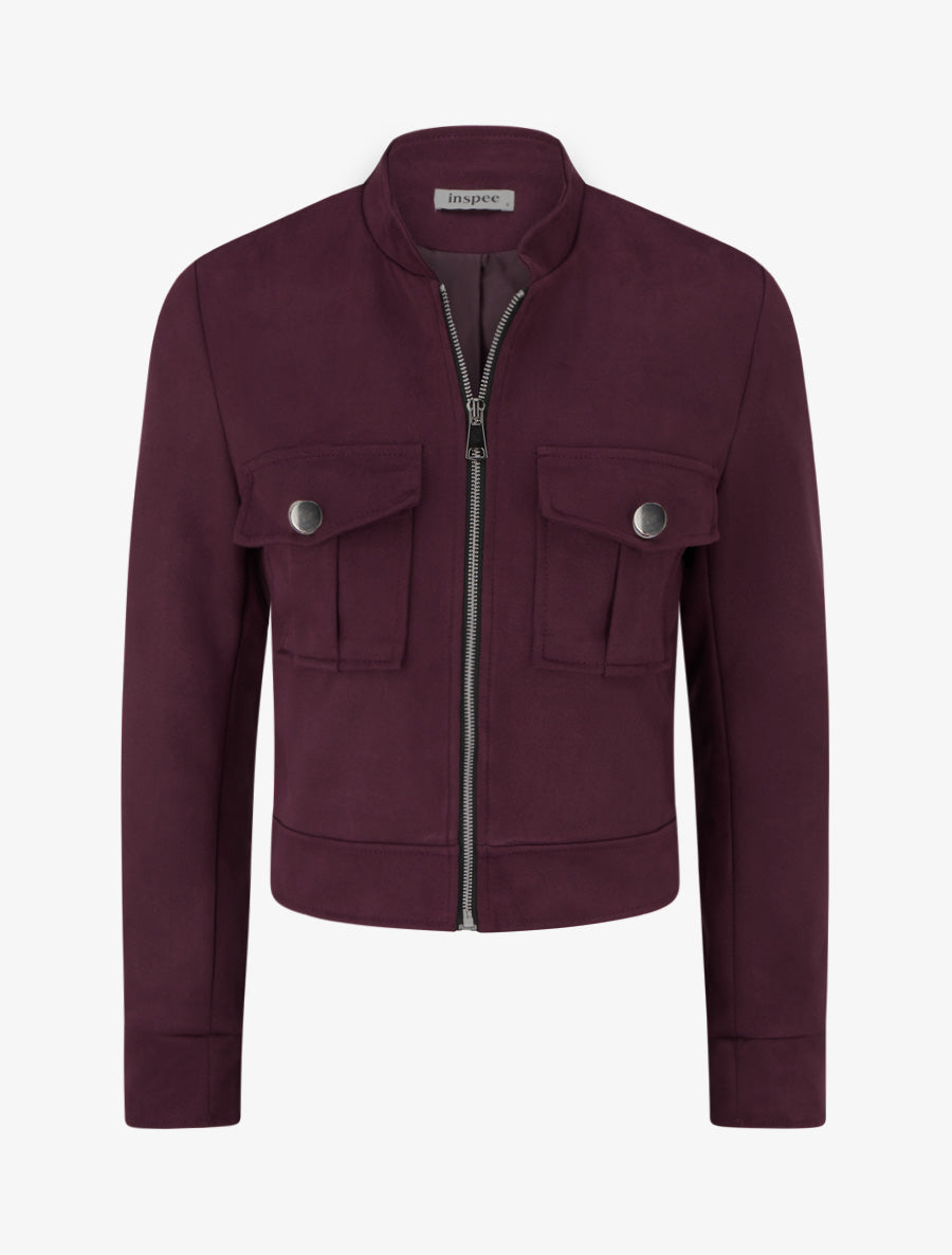 Chaqueta de ante con cremallera y bolsillo con solapa - Color vino