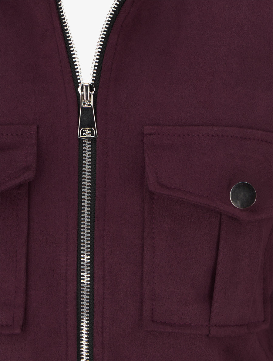 Chaqueta de ante con cremallera y bolsillo con solapa - Color vino