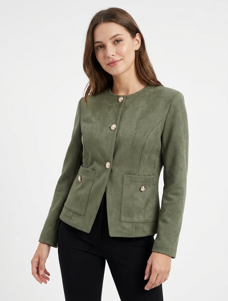 Chaqueta de ante abotonada con cuello redondo - Caqui