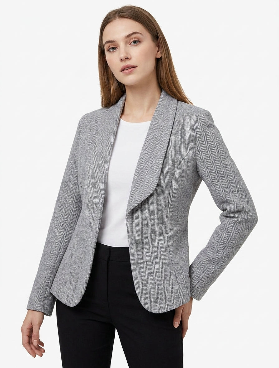 Blazer abierto de fieltro con estampado de espiguilla - Gris