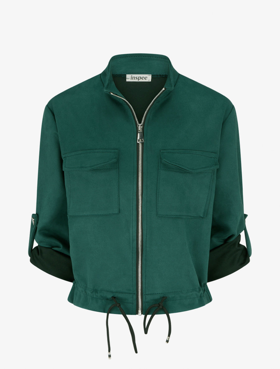 Veste en suédine coupe droite et poches à rabat - Vert foncé - 1