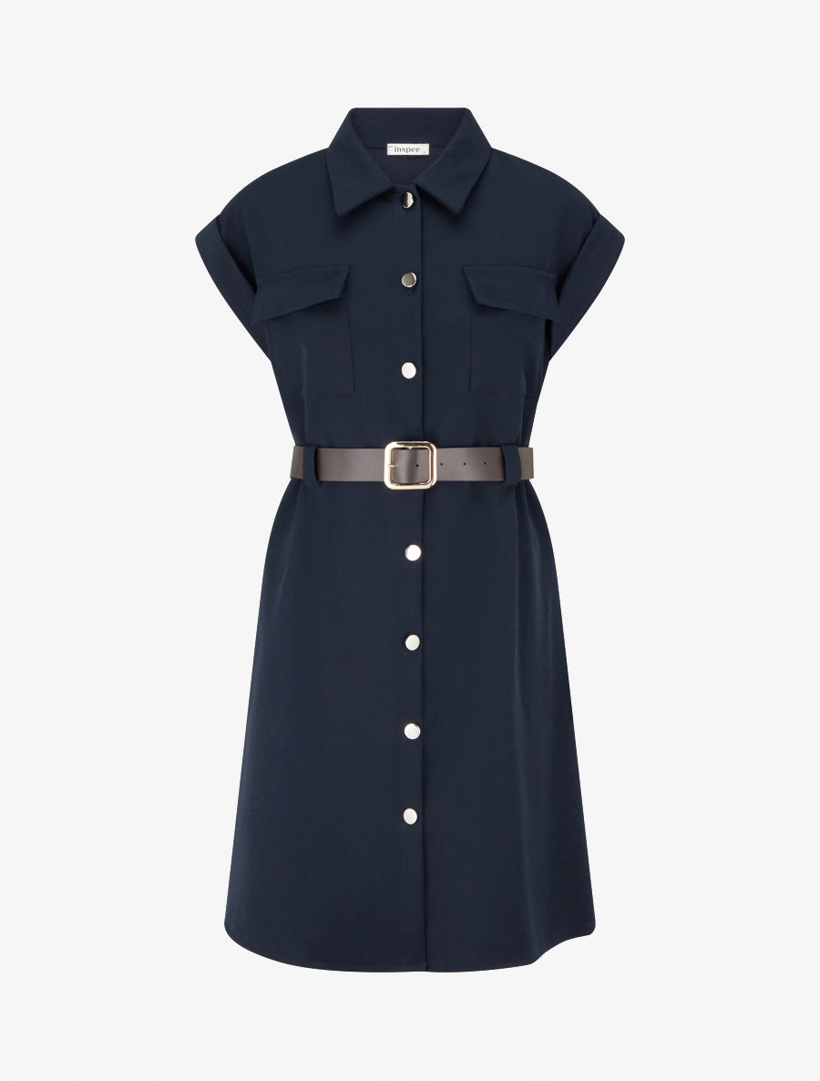 Robe chemise trapèze manches courtes - Marine - 1