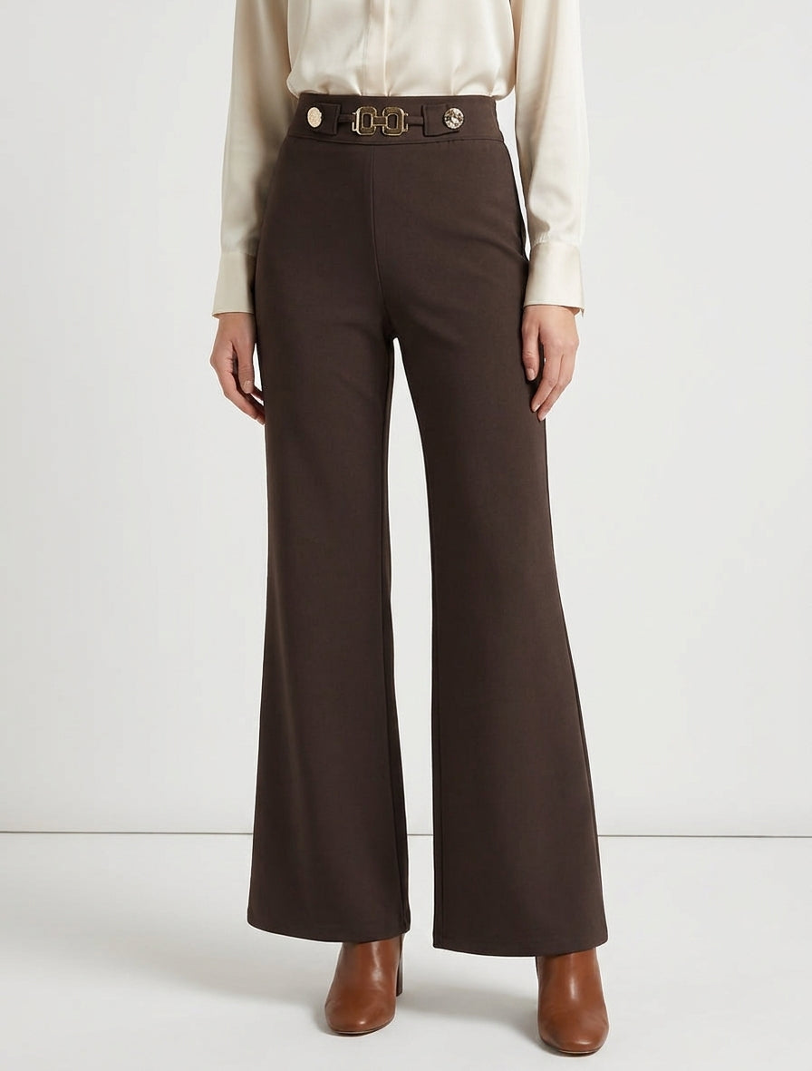 Pantalón ancho de cintura alta con joyas - Marrón