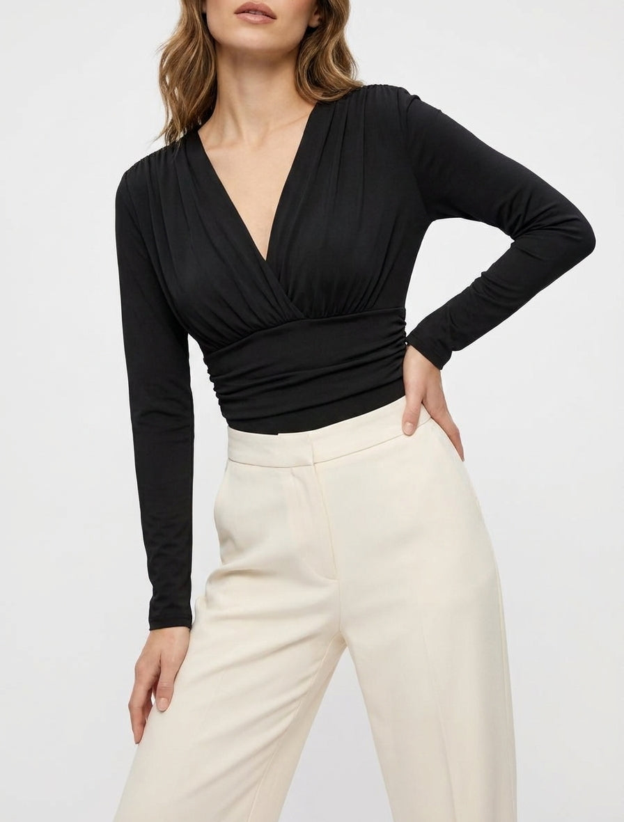 Body de manga larga con cintura fruncida - Negro