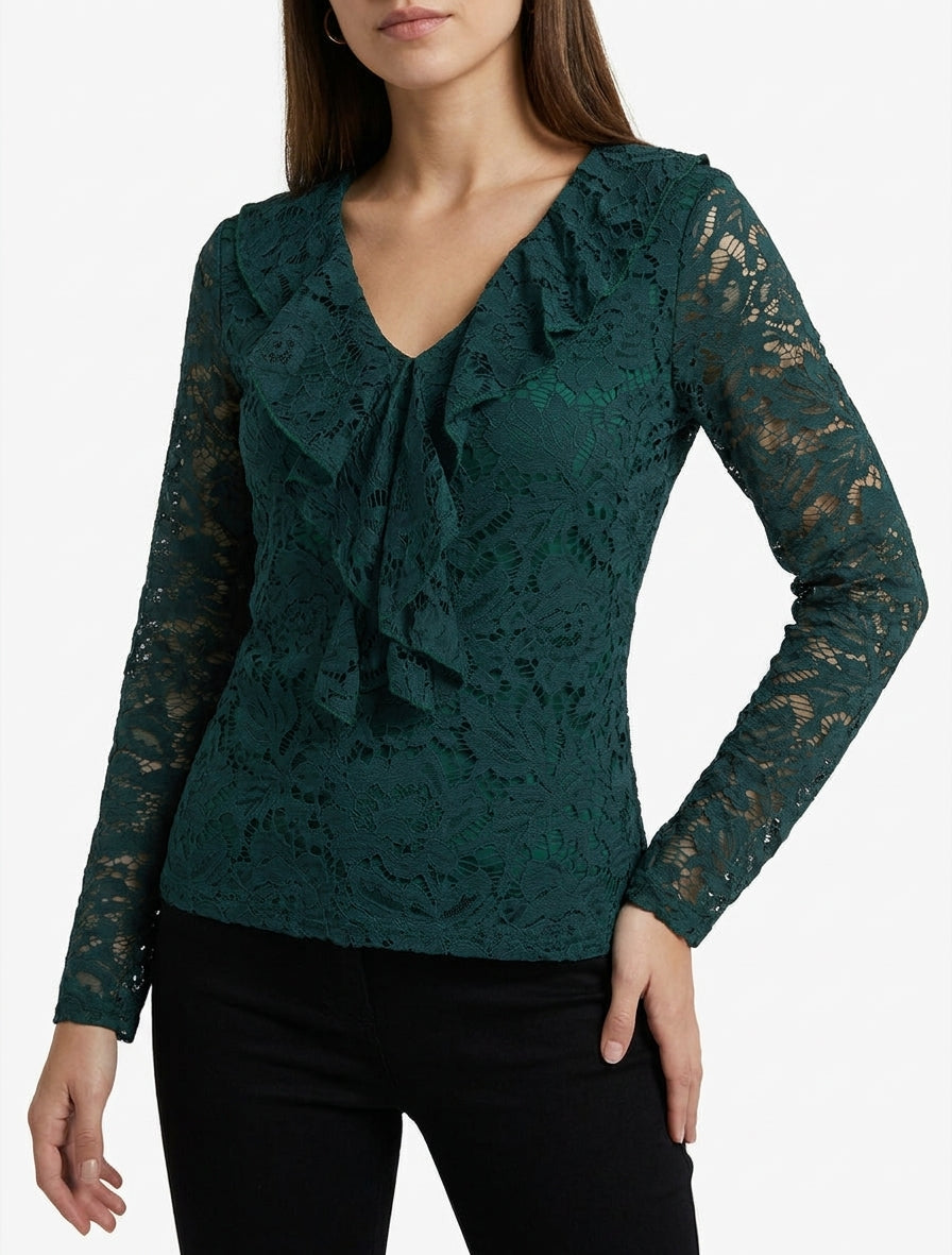Top de encaje con cuello en V con volantes - Verde oscuro
