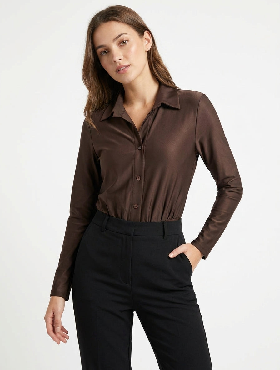 Cuerpo satinado estilo camisa - Marrón