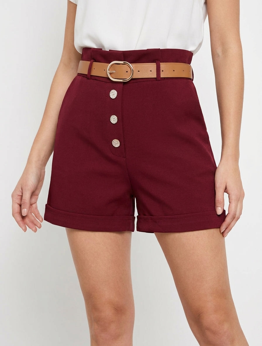 Short de corte paperbag con botones decorativos. - Burdeos