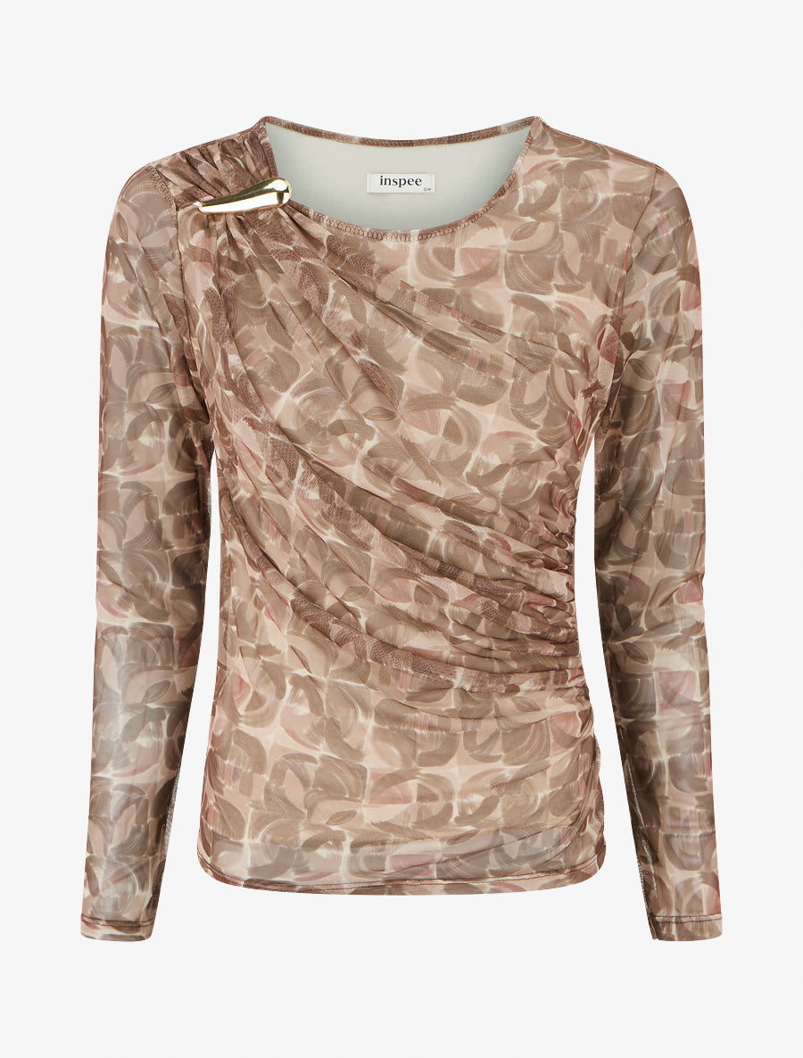 Top en tulle imprimé abstrait à empiècement bijou - Beige - 1