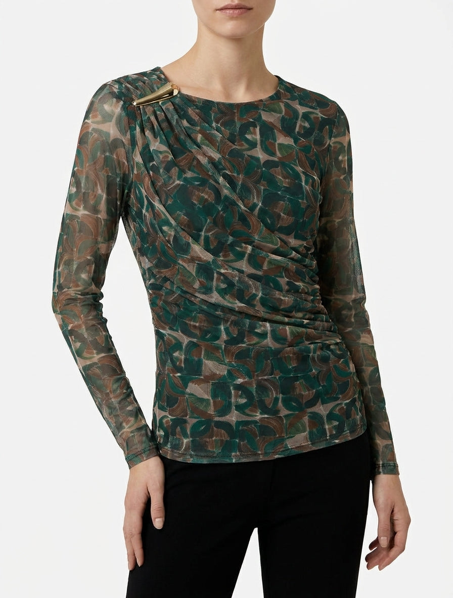 Top de tul transparente con estampado abstracto y aplicación de joya. - Verde abeto