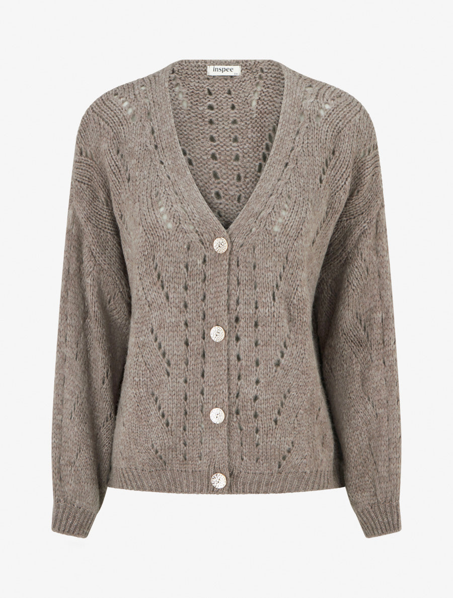 Gilet ample en maille ajourée à col V - Taupe - 1
