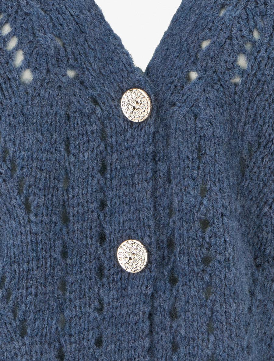 Gilet ample en maille ajourée à col V - Bleu - 3