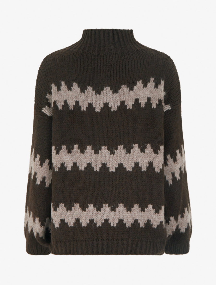 Pull ample à col montant et motif graphique - Marron - 2