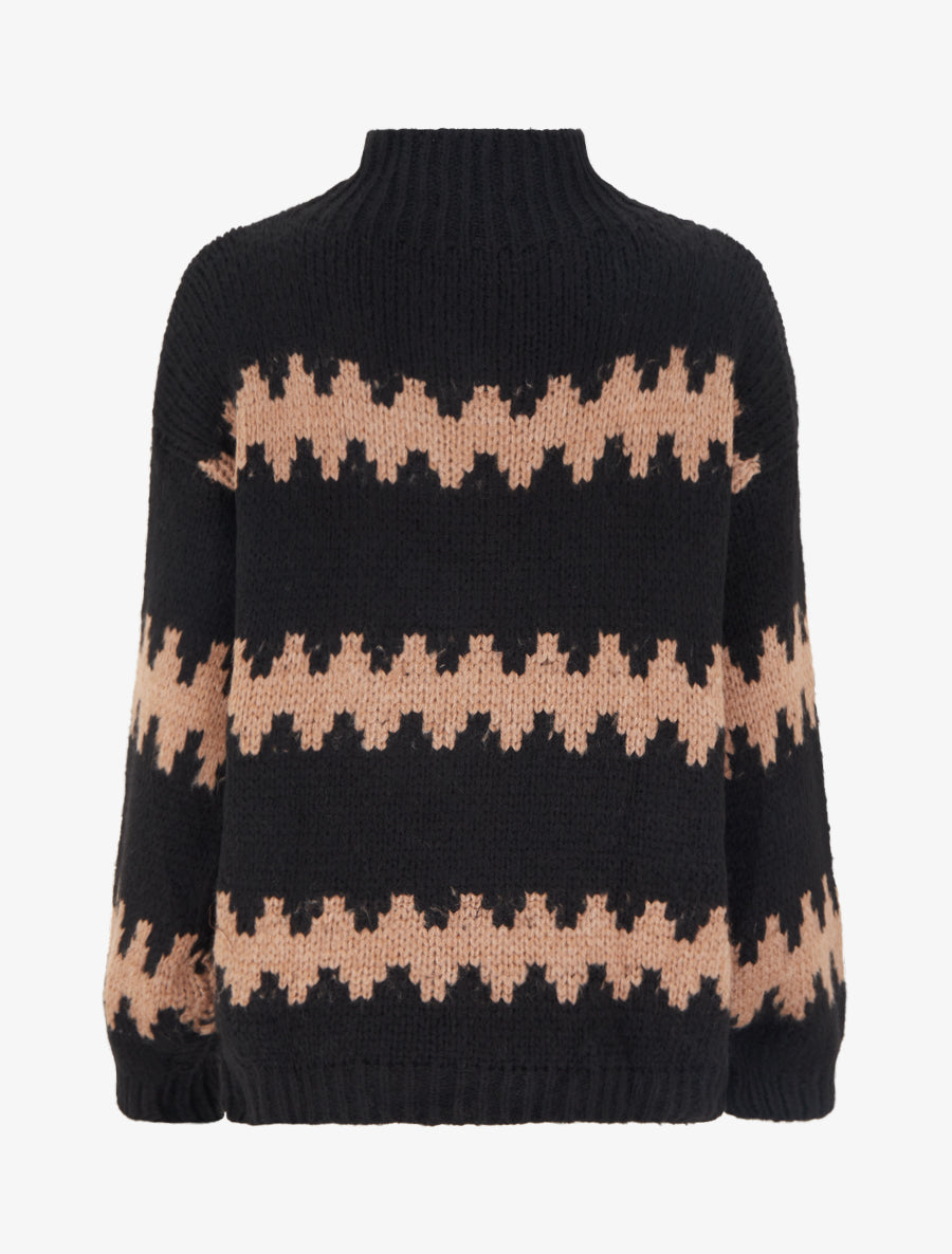 Pull ample à col montant et motif graphique - Noir - 2