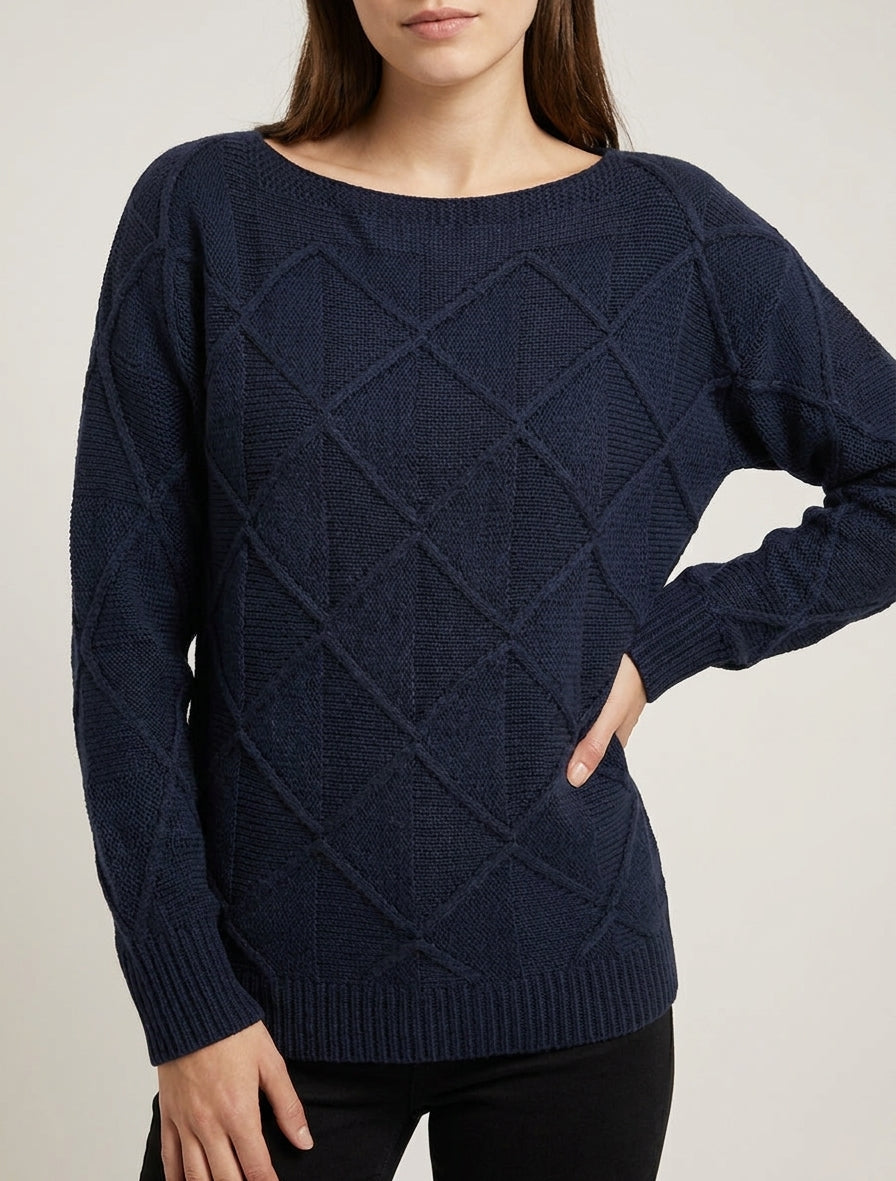 Jersey de cuello barco de punto con efecto de cuadros - Marine
