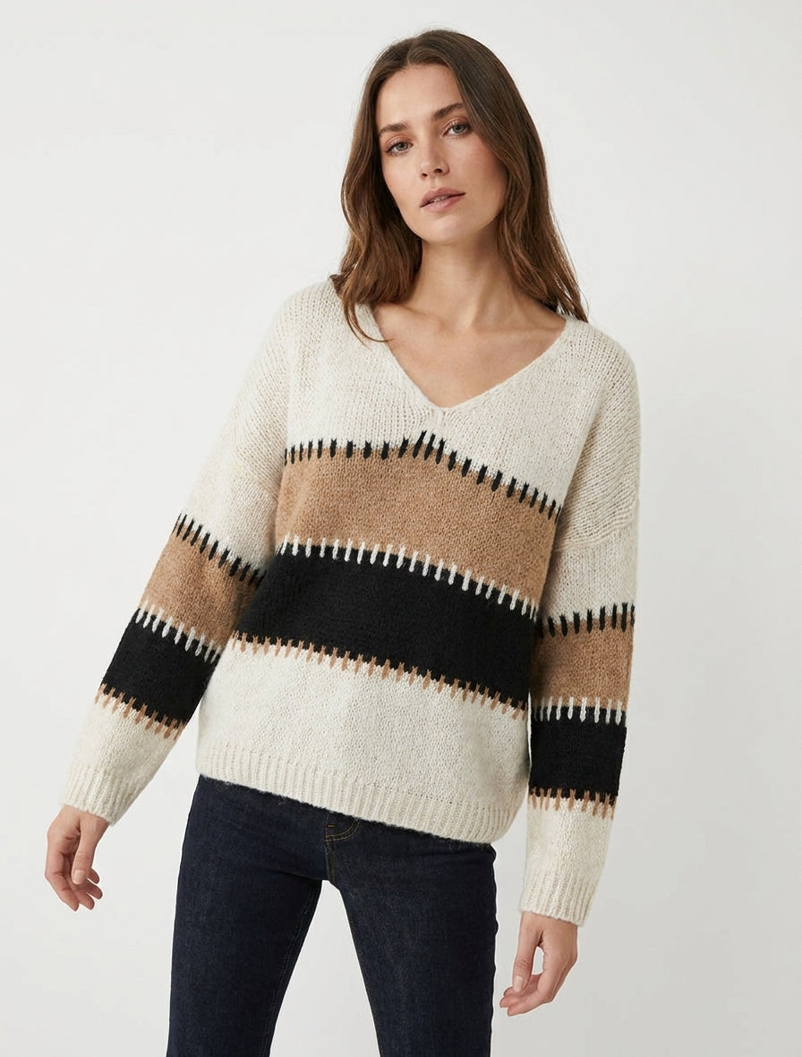 Jersey holgado con cuello en V y rayas estilizadas - Beis