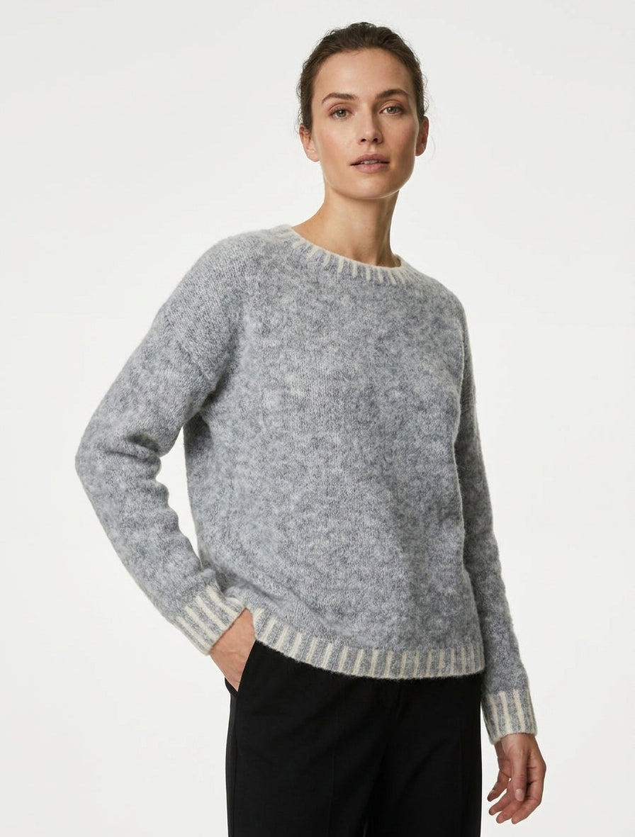 Suéter de lana mezclada con bordes contrastantes - Gris