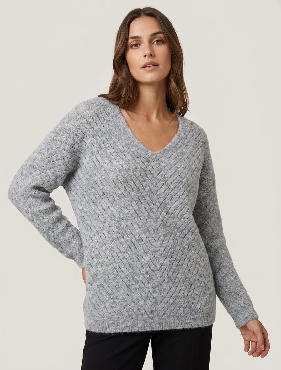 Jersey de corte holgado en mezcla de lana con cuello en V - Gris