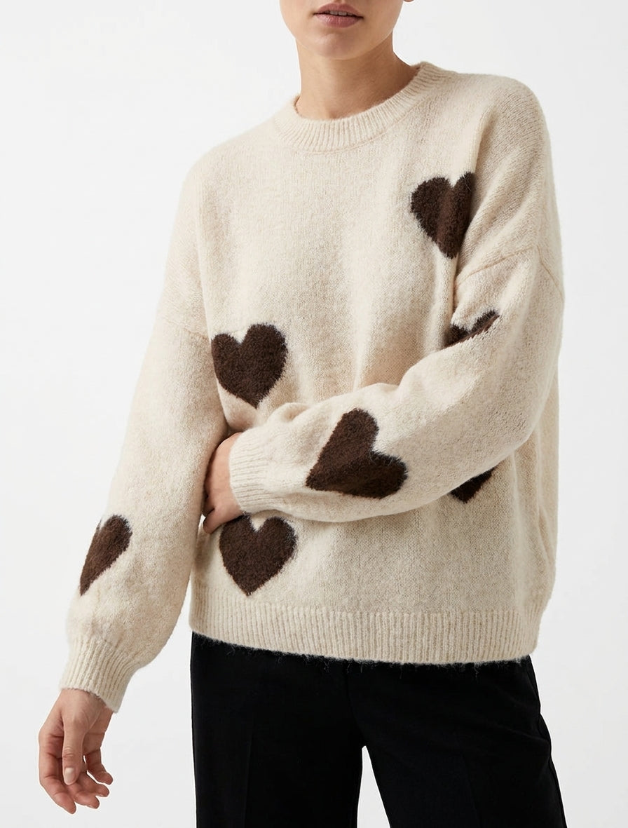 Suéter de mezcla de lana con diseño de corazón - Beige claro
