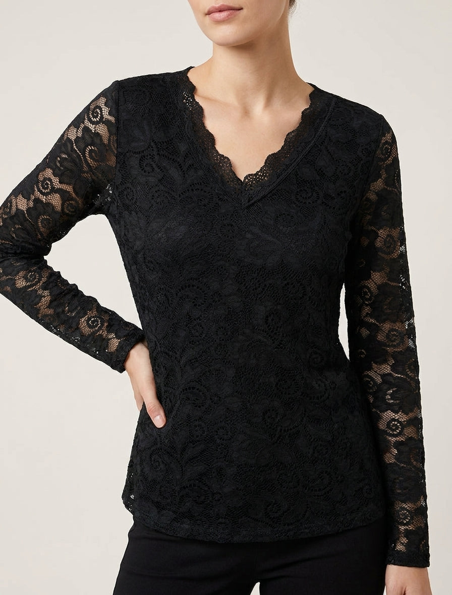 Top de encaje con cuello en V - Negro