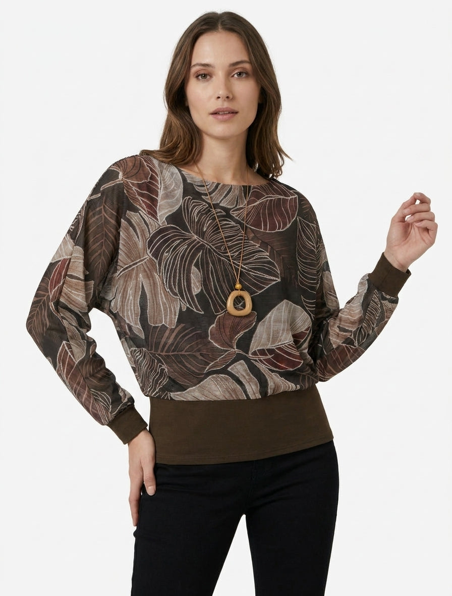 Top irisado con estampado tropical y mangas murciélago - Marrón