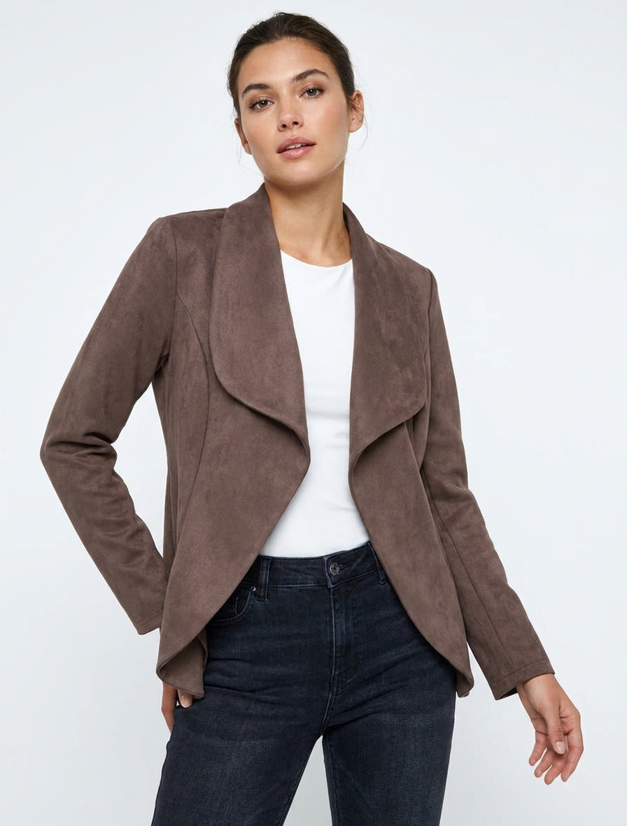 Chaqueta de ante recta con cuello chal - Marrón
