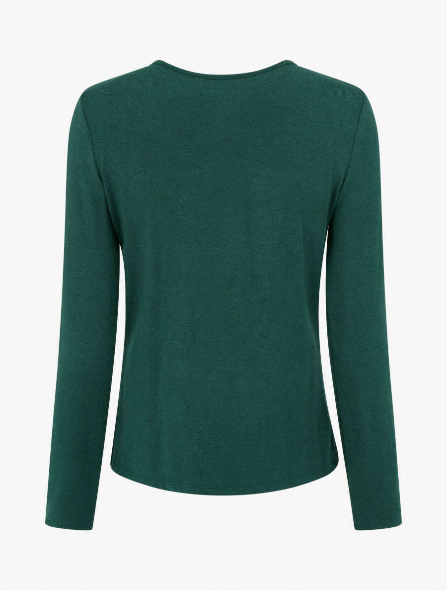 Pull fin et droit col rond froncé avec bijou - Vert foncé - 2
