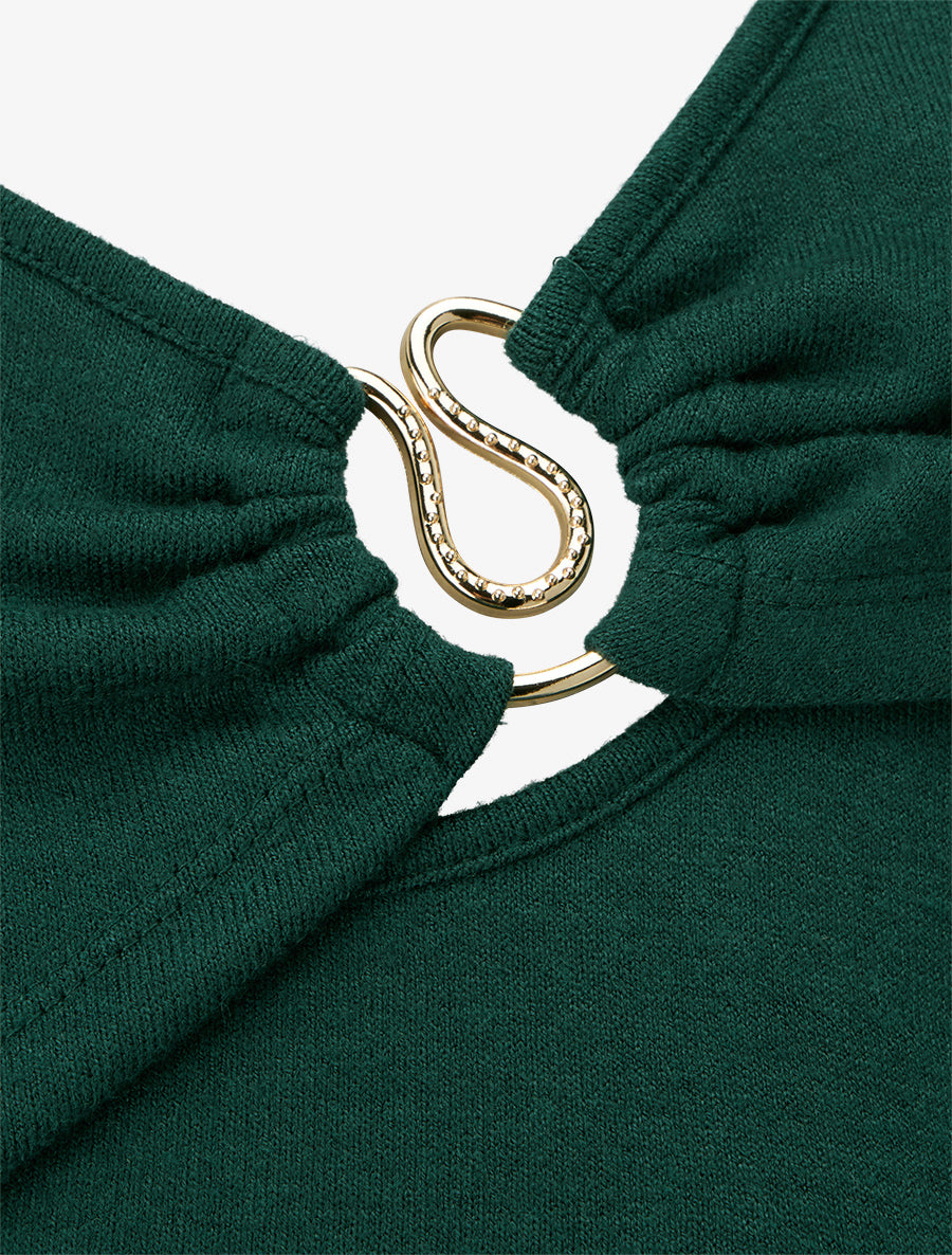 Pull fin et droit col rond froncé avec bijou - Vert foncé - 3