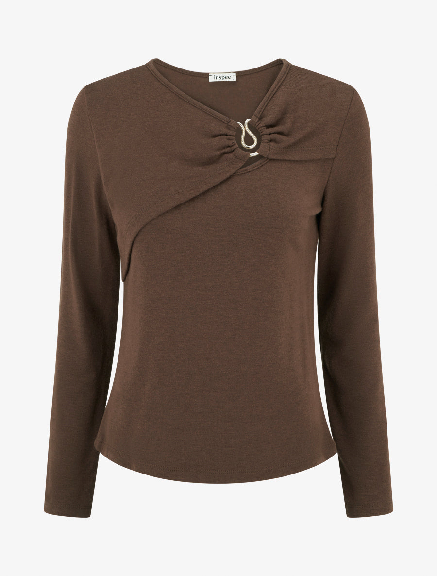 Pull fin et droit col rond froncé avec bijou - Marron - 1