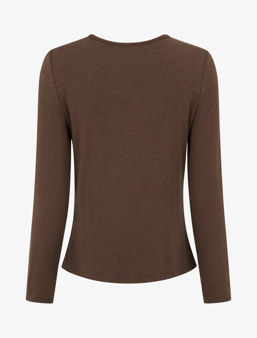 Pull fin et droit col rond froncé avec bijou - Marron - 2